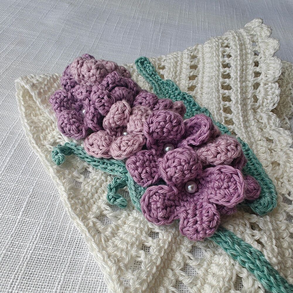 Crochet Bandana Handmade Summer Floral Lilac Flowers 100% Organic Cotton - Picture 6 of 8